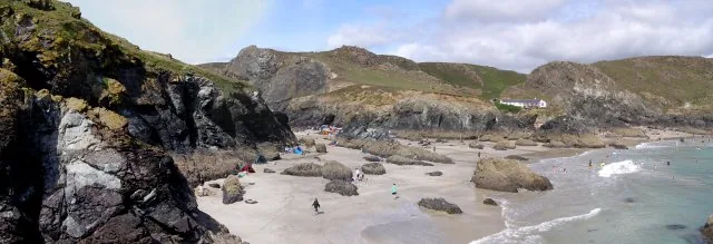 Kynance Cove on the Lizard Peninsula Cornwall at low tide rocky shore