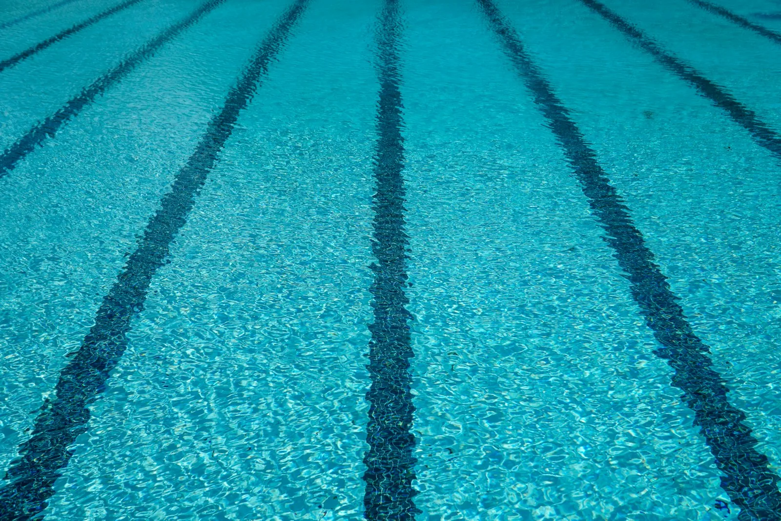 Overhead view of a crystal-clear outdoor lap pool with blue lane markings on the pool floor