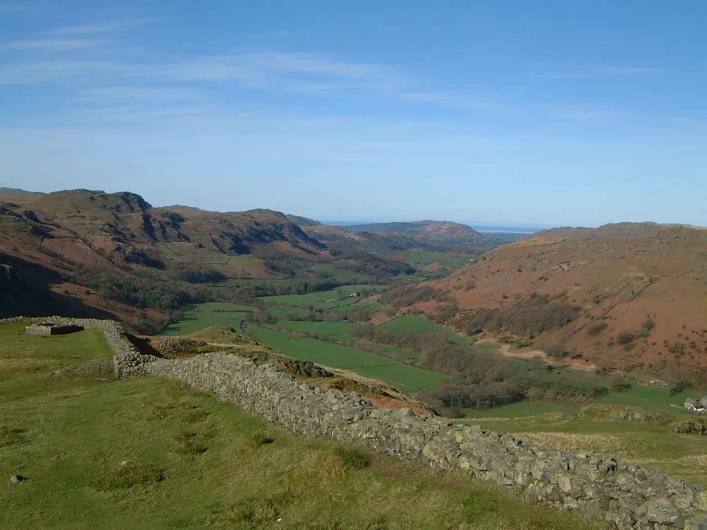 Wide view of the Eskdale valley from Hardknott Fort, Cumbria, showing the River Esk and surrounding fells