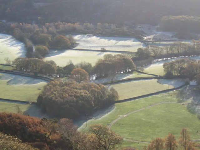 Bird's eye view of Eskdale valley in autumn, Lake District