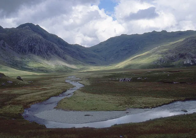 The upper River Esk winding through Eskdale valley near Tongue Pot wild swimming area
