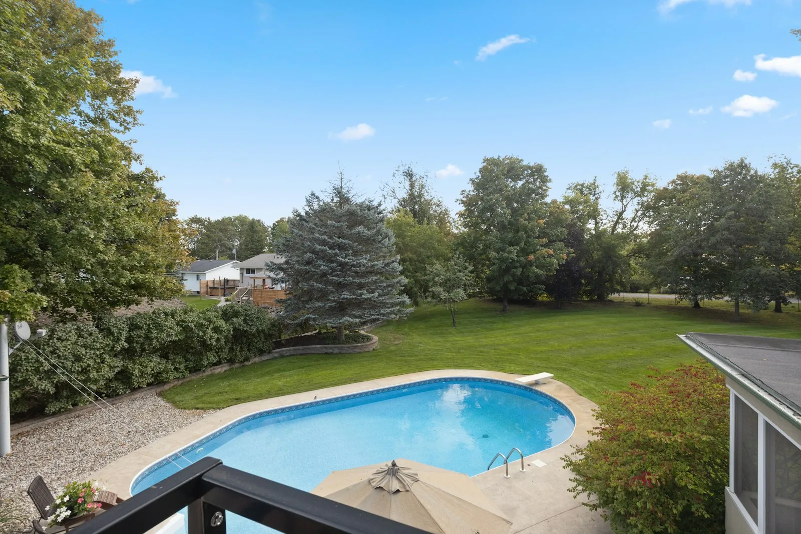 A kidney-shaped inground swimming pool set in a large residential backyard with lawn and mature trees on a sunny day