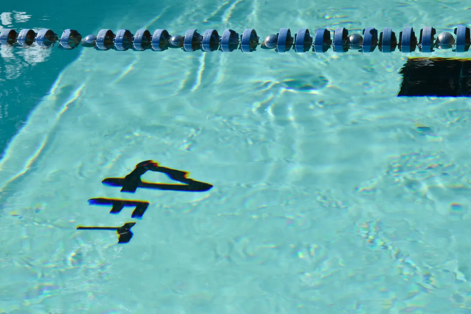 Close-up overhead view of a pool lane rope with lane number on the pool floor and clear turquoise water, representing the lane swimming facilities available at Edinburgh health clubs including Bannatyne and Nuffield Health