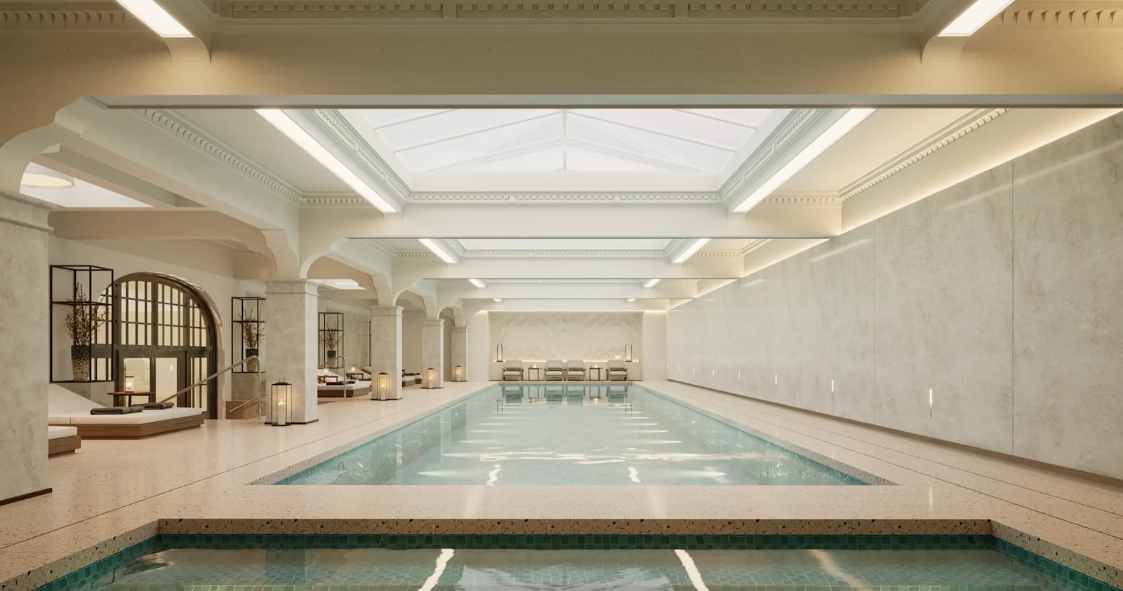 Luxury indoor swimming pool at a premium UK gym chain such as David Lloyd or Virgin Active