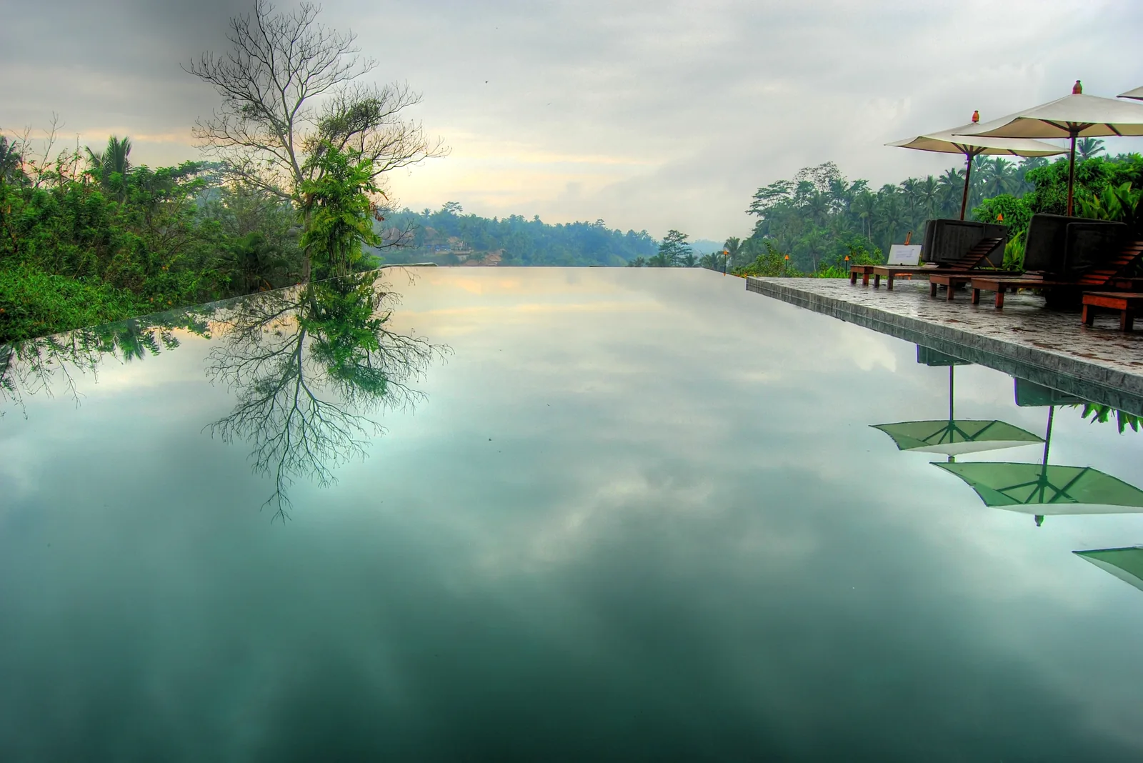 Alila Ubud resort infinity pool with vanishing edge overlooking jungle valley, Bali