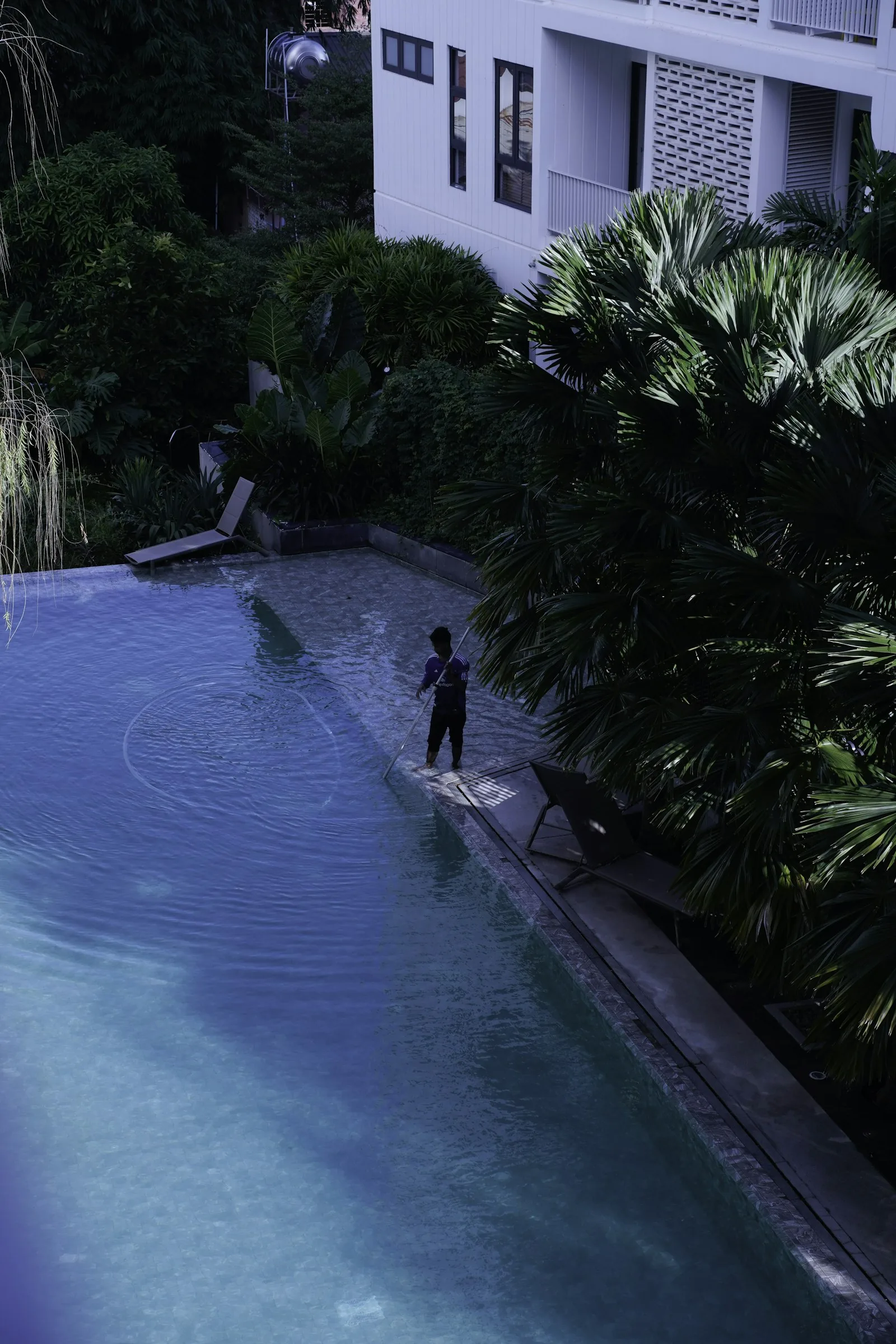 Aerial view of a pool maintenance worker cleaning an infinity pool surrounded by tropical greenery, representing pool pH troubleshooting and ongoing water balance management