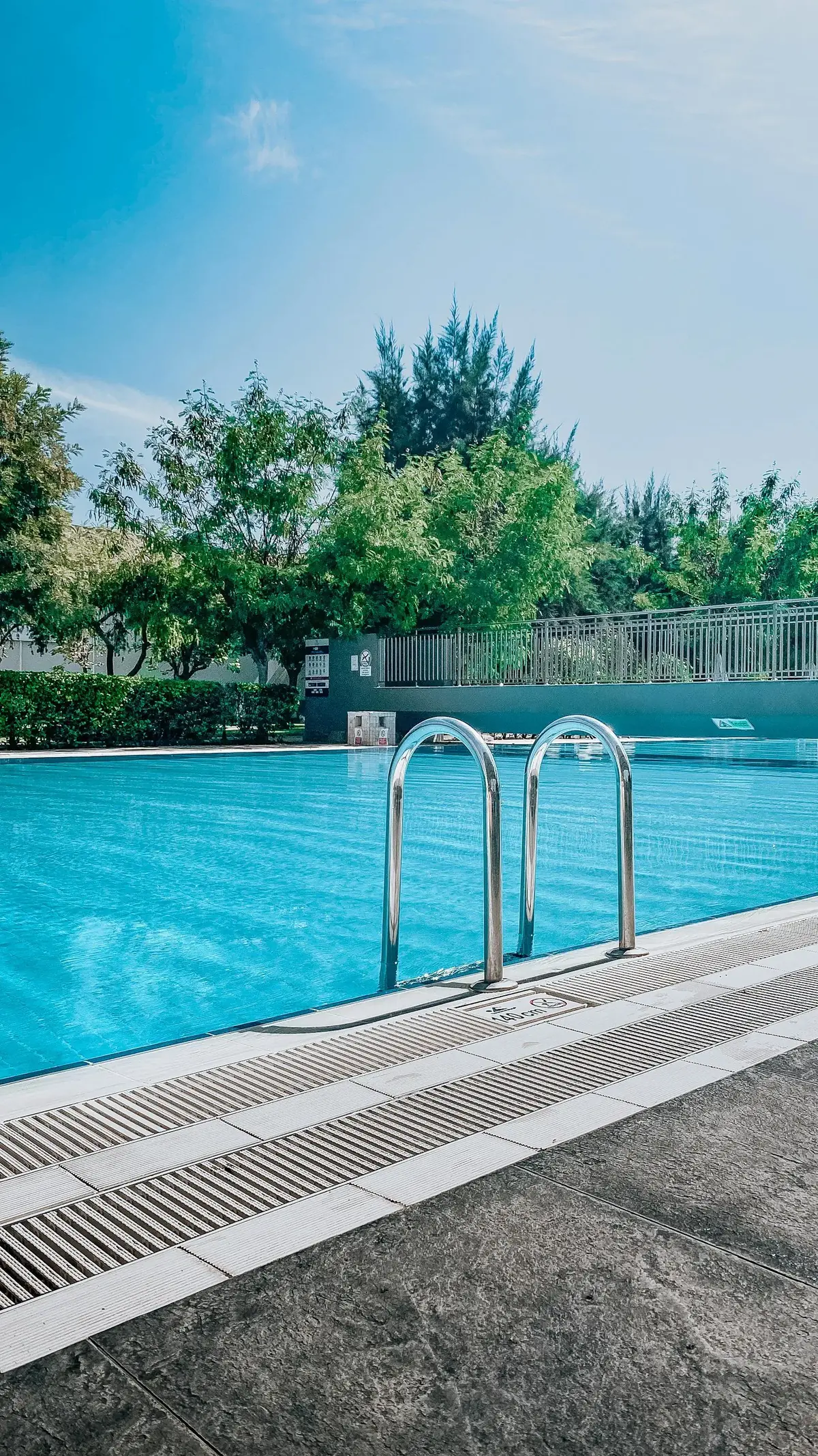 A sunny outdoor swimming pool with stainless steel entry ladder and overflow gutter surround, backed by green trees and a blue sky