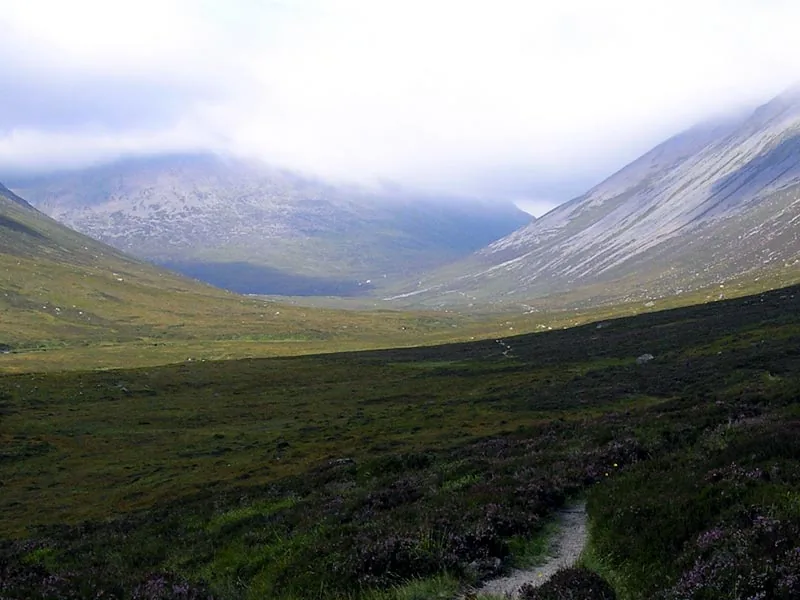 The Lairig Ghru mountain pass in the Cairngorms National Park, showing the path to the Pools of Dee