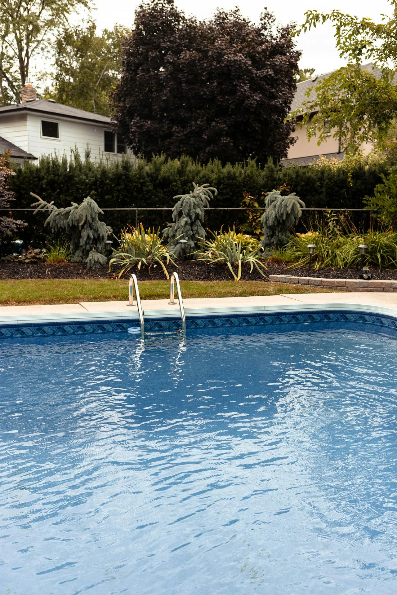 A residential inground swimming pool with deep blue water and stainless steel ladder in a landscaped garden representing the comparison between salt water pools and traditional chlorine pools for UK homeowners