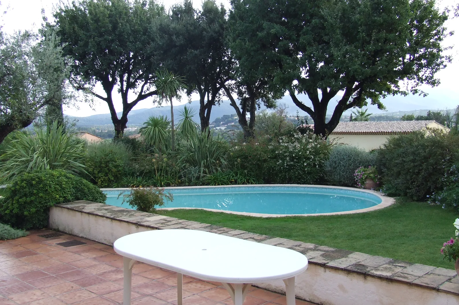 Oval private swimming pool set in a Mediterranean garden with olive trees, lawn and terracotta terrace